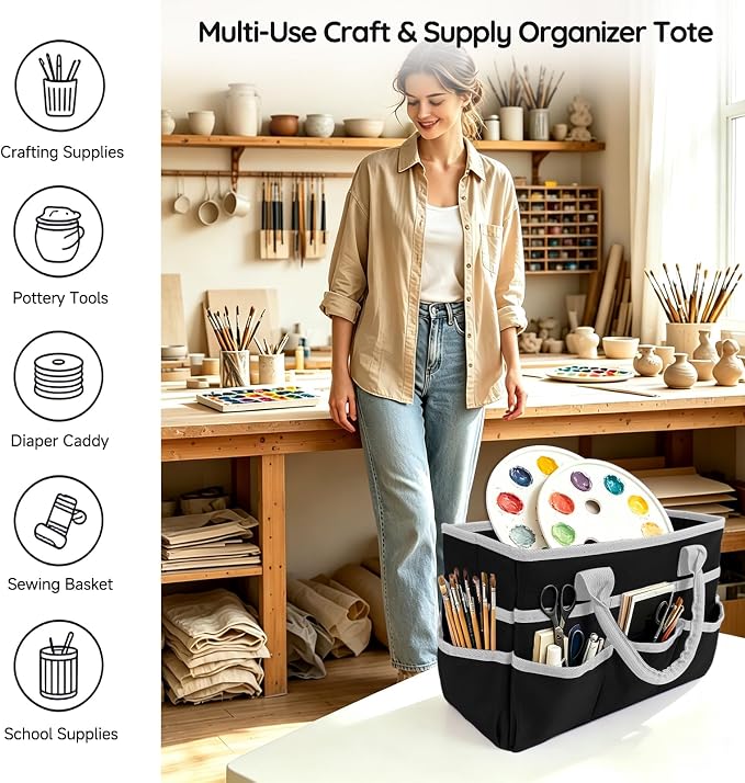 AKAYOK Art Supply Organizer Tote Bag, Portable Craft Bags with Handles | Foldable Storage Tote with 10 Pockets & Adjustable Divider for Stationary, Sewing, Scrapbooking Supplies, Medical Supplies