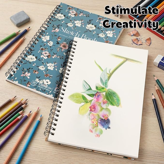4 Pack Sketch Book, 5.5 × 8.5 in, Spiral Bound, 30 Sheets, Acid Free | 100gsm 68lb Paper, Hardcover with Rigid Backboard, Lay-Flat Top Spiral, for Sketching, Drawing, Journaling, Travel