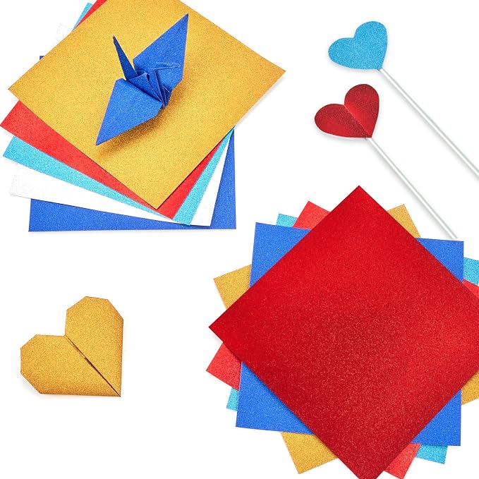 JoyCat Classic Glitter Origami Paper, 50 Sheets, 5 Colors, 6x6 Inch | Five vivid glitter colors add a bright shimmer to origami, party decorations, card making, gift accents and DIY crafts.