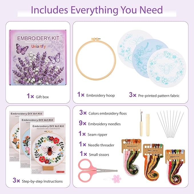 Uniartfy 3 Pack Bee Flower Embroidery Kits for Beginners, Cross Stitch Kit for Adults, DIY Needlepoint with Embroidery Hoop, Tools, Easy to Learn Video & Instructions, Hand Embroidery Starter Kit