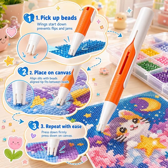 Diamond Art Automatic Bead Dispenser Pen,Automatic Diamond Painting Pen,Diamond Art Pen for 2.8mm Round Drills,DIY Crafts for Adults,No Wax Required,Accessories Kit，White