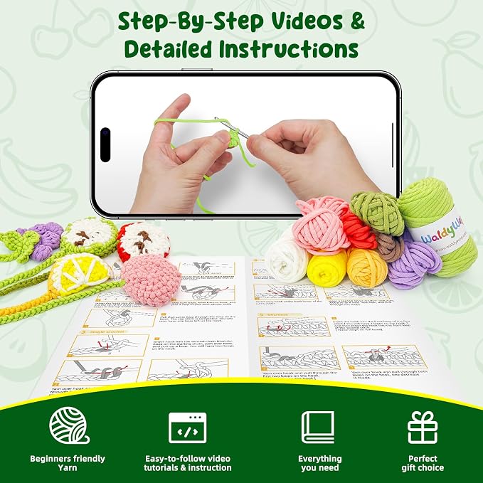 WaldyWop Crochet Kit for Beginners, 5 PCS Fruit Bookmarks Crochet Kits