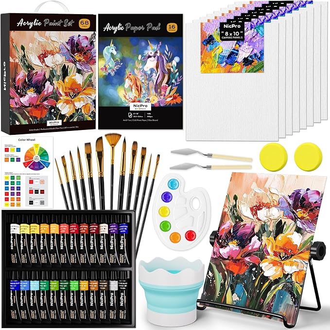 Nicpro 68PCS Acrylic Paint Canvas Set for Adults with 24 Paint for Beginner | Acrylic Paints, Table Easel, 8 Canvas Panels, 12 Brushes, Paper Pad, Cleaning Cup, Sponge, Palette, Art Painting Supplies Kit