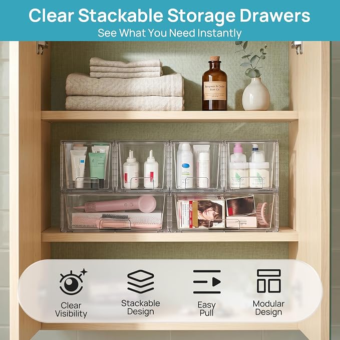 Vtopmart Clear Stackable Storage Drawers, 3 Pack Wide Organizer Set