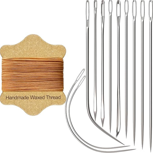 VONEEDL Upholstery Repair Kit: Waxed Sewing Thread (Ligth Brown Color) & Heavy Duty Needles (11 PCS) for Leather, Canvas & Quilting Thread
