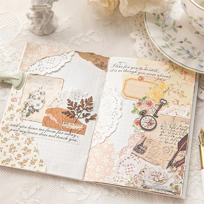 Doraking 100pcs Vintage Floral Scrapbook Paper Journaling Stickers