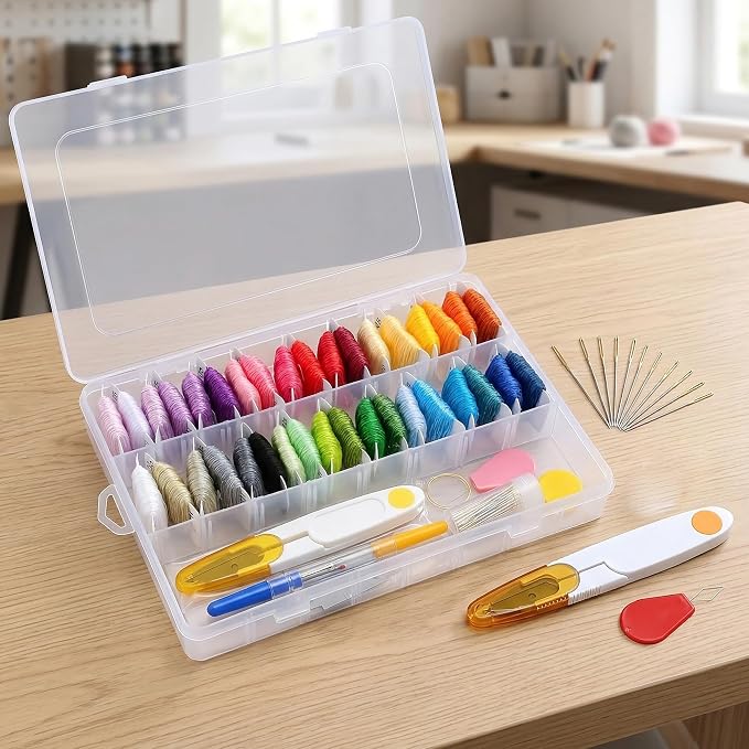 Huacan 36 Colors Embroidery Thread Kit Full Starter Tools with Storage Box