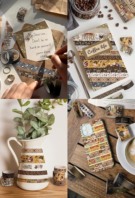 Coffee Themed Washi Tape Set, 14 Rolls Vintage Crafts Tape, Art Decorative Tape for Scrapbooking Supplies, Junk Journal, Bullet Journaling, Vision Board Supplies