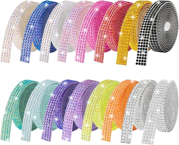 16-Yard Bedazzling Strips, 16-Rolls Rhinestone Ribbon Self Adhesives, 16 Colors Bedazzling Kit, Rhinestones for Crafting, Rhinestone Strips for DIY Craft