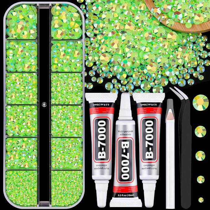 Resin Jelly Rhinestones for Crafting with B7000 Jewelry Glue, 1 Box Fluorescent Green AB Flatback Crystal with 3Pcs 10ml Glue, Bedazzling Non Hotfix Gems for DIY Tumblers Clothing Shoes Manicure