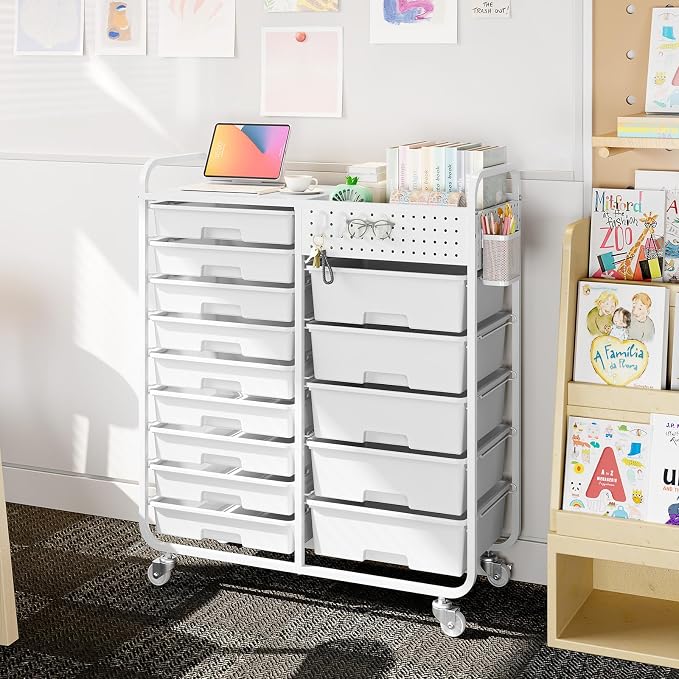 14 Drawer Rolling Storage Cart with Tabletop and Pegboard for Crafts White | Easy Setup, Large Capacity, Sturdy Build, Smooth Mobility, For classroom, office and dorm supplies