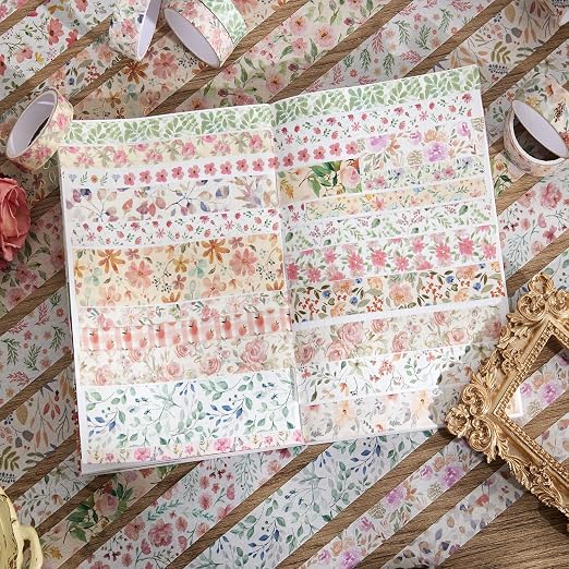 PAGEMORE 32 Rolls Washi Tape Set, Colored Floral Decorative Masking Tape, Artists Tapes for Journaling, Junk Journal, DIY Craft Projects, Scrapbooking Supplies Decor