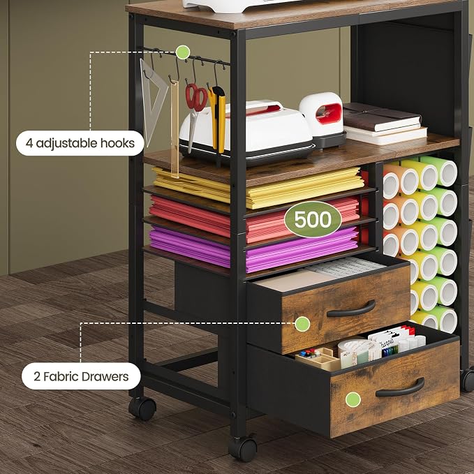 Craft Organizer and Storage Cart Compatible with Cricut Machine Stand Rolling Craft Cabinet Table with Drawers Shelf Vinyl Roll Holders Accessories Holder Tool Hooks for Craft Workstation Room-Brown