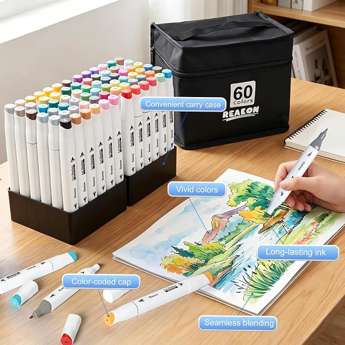 Reaeon Alcohol Art Markers 60 Colors, Dual Tip For Coloring | Chisel & Fine, Permanent Markers for Adult Coloring, Drawing, Sketching, Illustration and Painting, Art Supplie for Artist