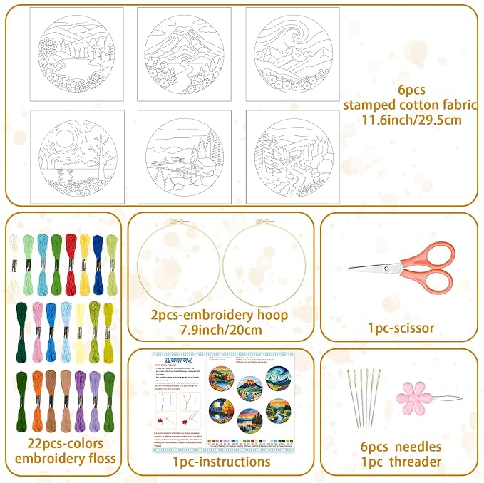 BEUNITONE 6 Pack Hand Embroidery Starter Kit for Adults with Pre-Print Scenery Pattern, Needlepoint Kits with Embroidery Hoop and Instructions, DIY Funny Craft Kits for Gifts and Home Decor
