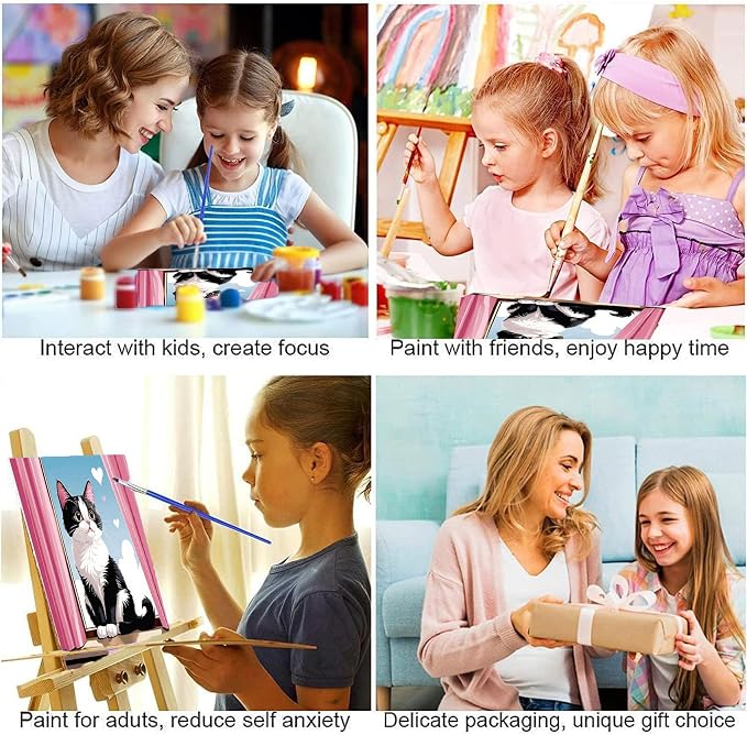 Cat Paint by Numbers Kit for Kids with Frame - Cute Cat Paint by Number for Kids, Cats Kid Painting by Number Kits Age 6-8 for Home Wall Decor 8X8inch (with Wooden Easel)