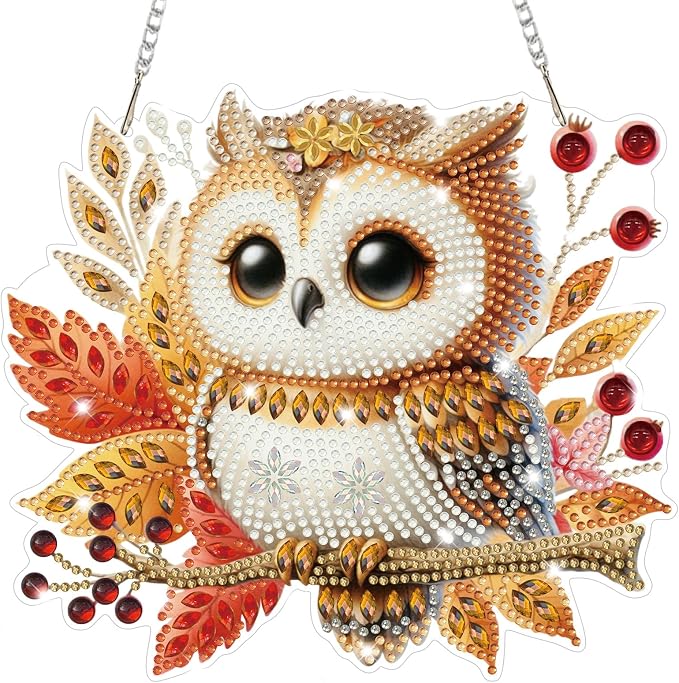 Bowetile Fall Owl Diamond Art Hanging Kits for Adults, Diamond Art Suncatchers Maple Leaf, 5D Special Shape Autumn Diamond Painting Pendant Window Ornament Gifts for Home Door Wall Decor