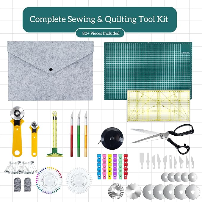Rotary Cutter Set for Sewing & Quilting, 28mm & 45mm Fabric Cutters with Extra Blades, Foldable A3 Cutting Mat, Scissors, Rulers & Craft Tools Kit for Fabric Cutting, Patchwork, DIY Crafts