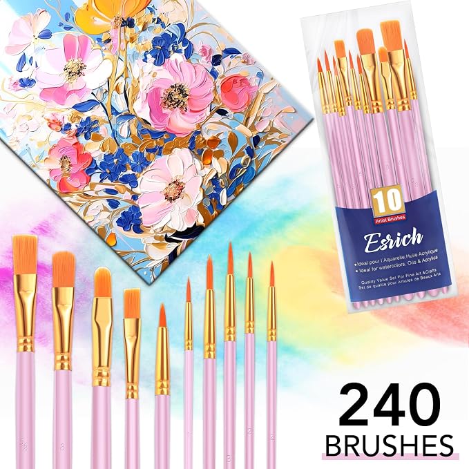 ESRICH 240PCS Pink Paint Brushes, Paint Brush for Acrylic Painting | Artist Paintbrushes for Oil Watercolor, Body Face Rock Canvas, Small Paint Brushes for Kids