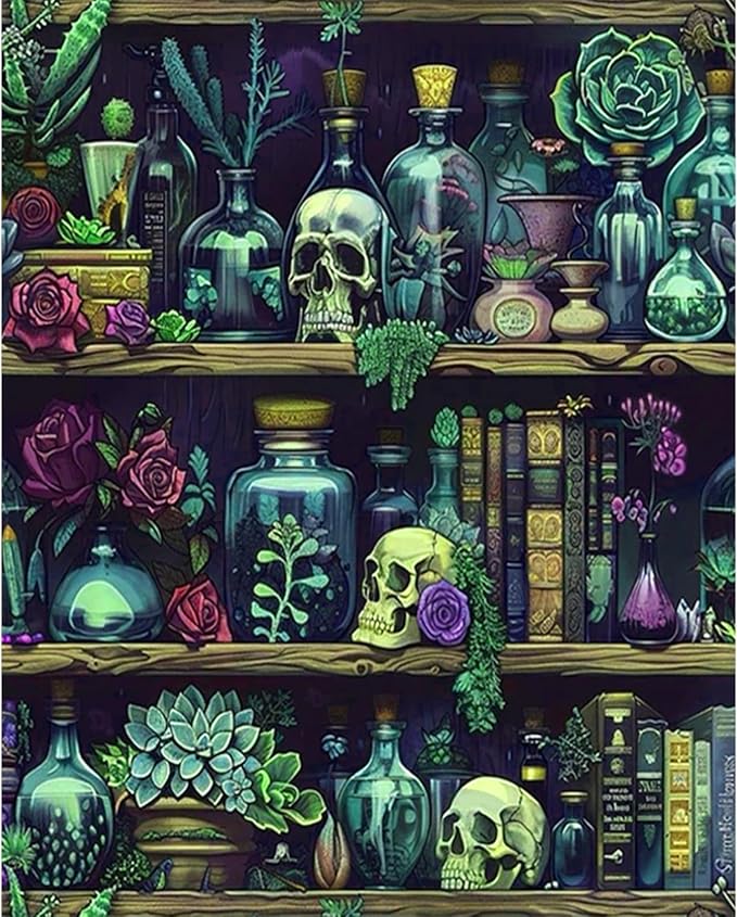 PHANTASYART Gothic Bookshelf Paint by Numbers Kit for Adults 16x20inch | Bookshelf Paint by Number Adult, Goth Skull Painting by Numbers for Adults, DIY Acrylic Painting Kits for Adults