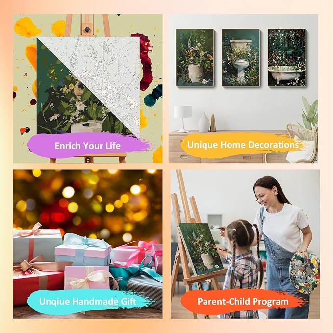 Mandun Bathroom Paint by Numbers Kit for Adults, 3 Pack, 7.8x11.8 inch | DIY Painting Kits Crafts for Adults, Relieve Stress, Frame Canvas, Wooden Easel, Gift Box, Home Wall Decor