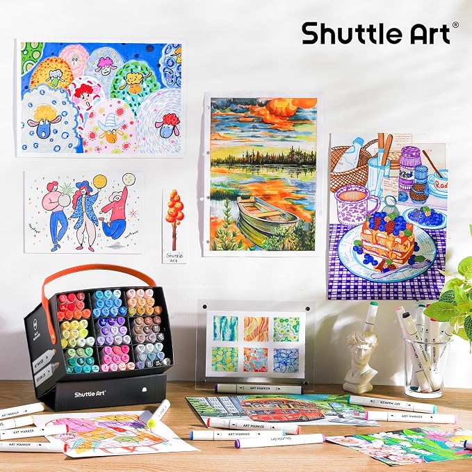 Shuttle Art Brush Tip Alcohol Markers, Dual Tip Brush & Chisel Tip Art Marker Set, 89 Colors Marker Pens with Organized Case Perfect for Illustration Kids Students Adults Coloring Sketching