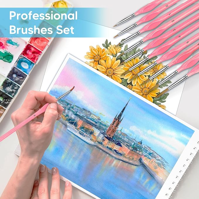 10Pcs Miniature Detail Paint Brushes Triangular Wood Handle Set | Tiny tips for acrylic, oil & watercolor, for paint-by-number, models, figurines, face paint, crafts & adult drawing, Pink