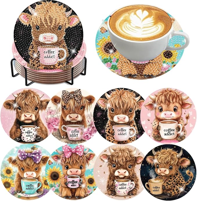 mrpwnle Diamond Art Coasters Kits, 8 Pcs Cow Diamond Painting Coasters Kits