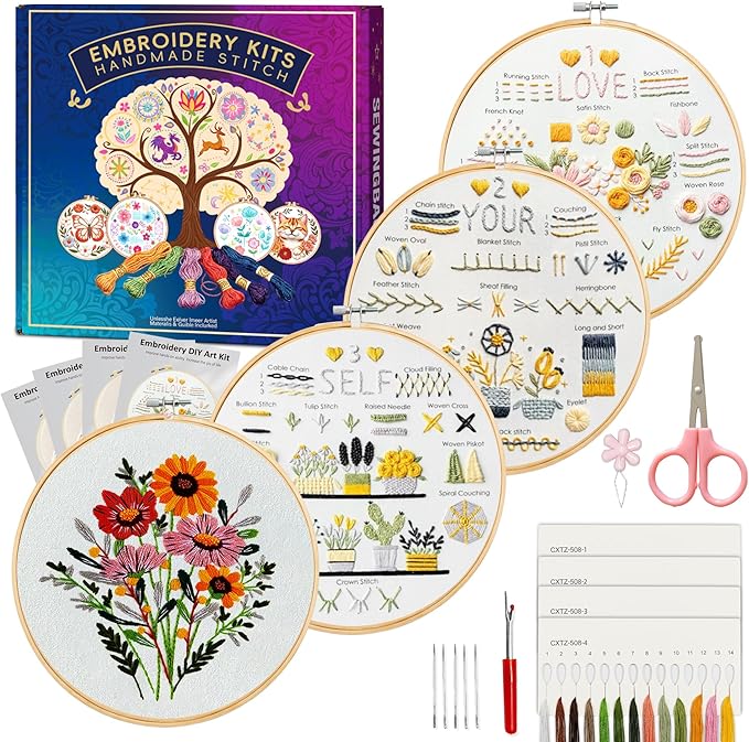 Huacan Embroidery Kit for Beginners with Tutorial Video & Gift Box | DIY Pre-printed Stitch Practice Patterns, 7.9×7.9 inch Fabric, Complete Embroidery Supplies with Gift Box for Beginners