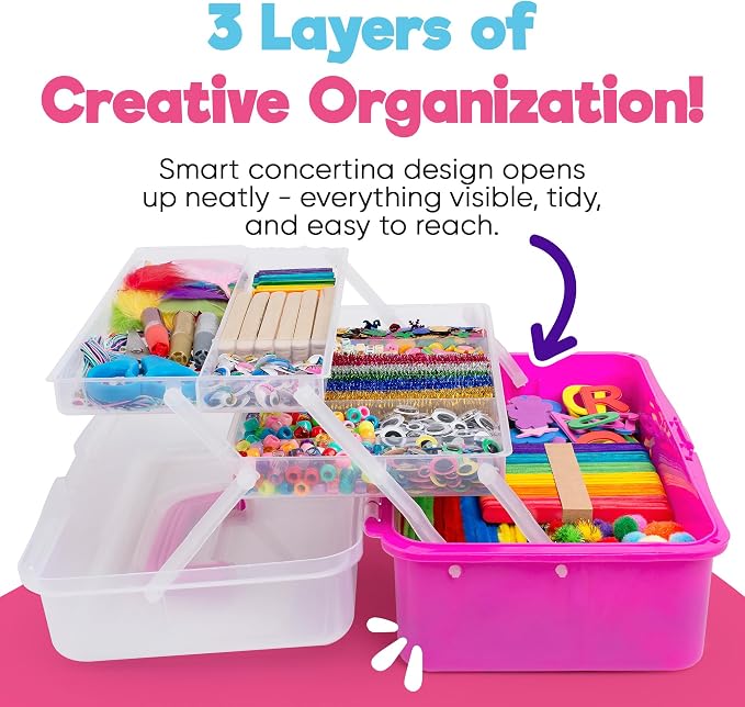 Blue Squid Arts & Crafts Box (Pink)- 2800+ pcs Deluxe Craft Supplies Box, 2 Drawers, 18 Compartments, Sturdy Handle - Art Crafting Kit Birthday Gifts for Kids, School Supply for Ages 4-12