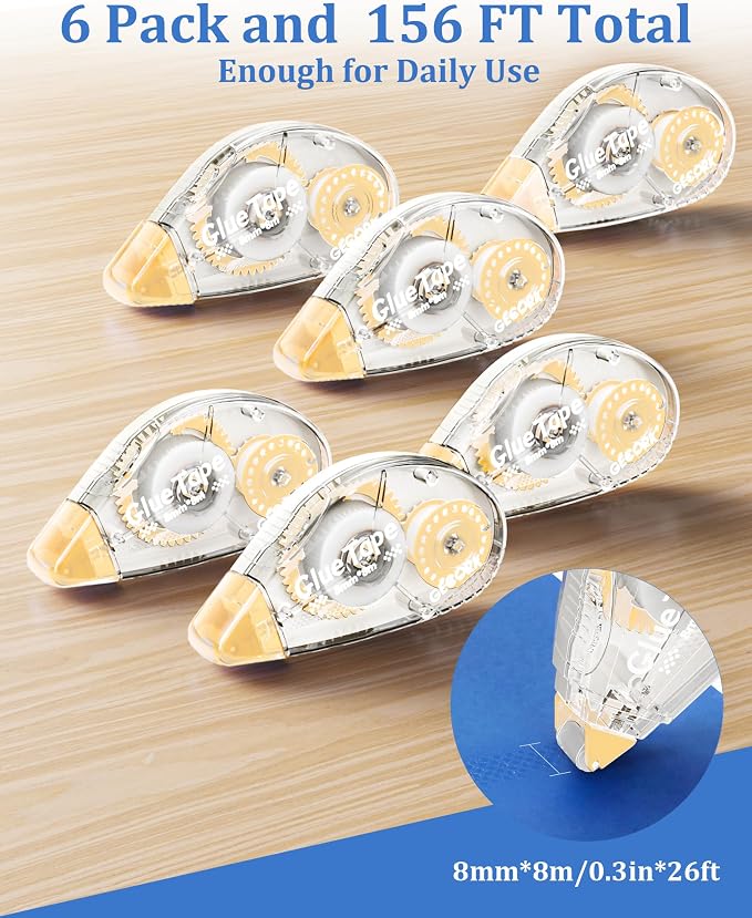 Gecork Double Sided Glue Tape Roller 156 ft Total, 6-Pack, Light Yellow | 0.3 in x 26 ft Quick-Dry Tape Runner, Strong Adhesive & Lasting Bond, For Scrapbooks, Journals, Office, School Arts & Crafts