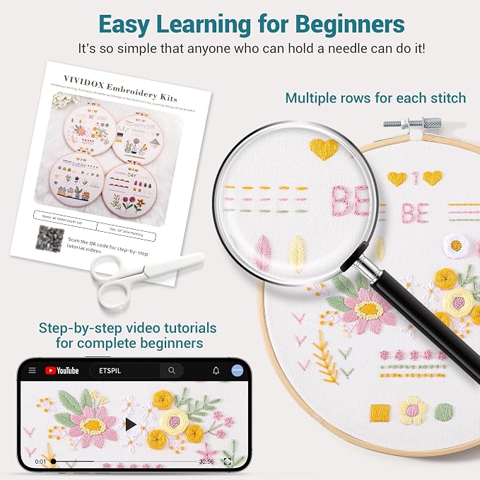 VIVIDOX 4 Sets Embroidery Kit for Beginners Adults, 25 Stitches Practice Kits Cross Stitch for Starter, DIY Hand Craft with Stamped Pattern, Bamboo Hoop, Threads, Scissors, Tools, Instruction