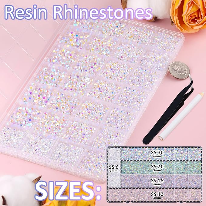 30000Pcs Resin Rhinestones for Bedazzling with Tweezers, Transparent AB Rhinestones for Crafting with 3Pcs 10ml B7000 Jewelry Glue for DIY Crafts Clothing Tumblers Shoes Fabric Nail Art