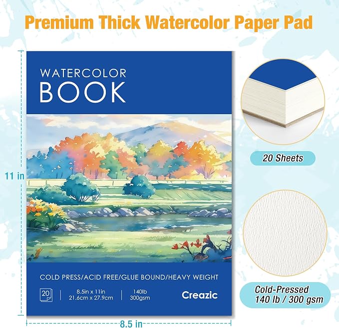 Creazic Water Color Paper 8.5"x11", Cold Pressed Watercolor Paper Book