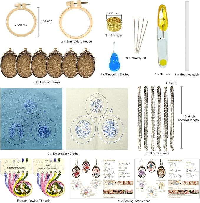 ZOCONE 6 Packs Embroidery Necklace Kit, Embroidery Pendant Kit Mini Cross Stitch Kit with 4 Hoops, Necklace, Pendant, Stamped Pattern Cloth, Instructions, etc., Embroidery Kit for Adults
