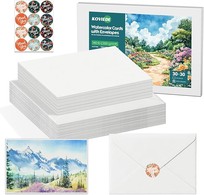 30 Packs Blank Watercolor Cards with Envelopes 5 x 7 Inch 140lb/300gsm