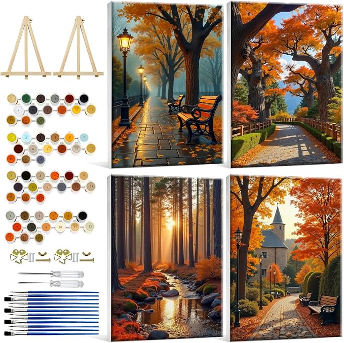 HeeBenor 4 Pack Autumn Paint by Numbers Kit for Adults Framed Canvas