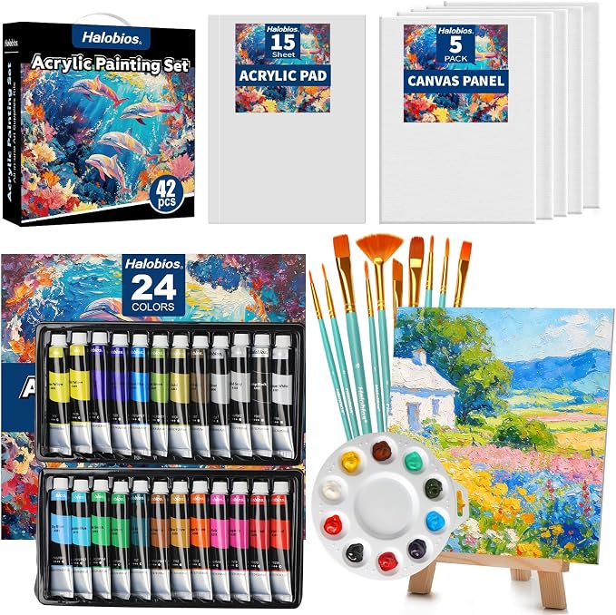 Acrylic Paint Set, Art Painting Supplies Kit with 24 Colors Acrylic Paints (22ML),Wooden Table Easel,Canvas,Painting Pads,10 Paint Brushes & Etc for Students, Artists and Beginner