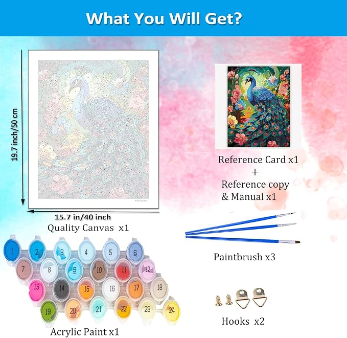 Artunion Peacock Paint by Numbers Kit for Adults,Flower Paint by Number Kits, DIY Oil Painting Paint by Number Kits on Canvas Arts Craft for Home Wall Decor 16x20 Inch