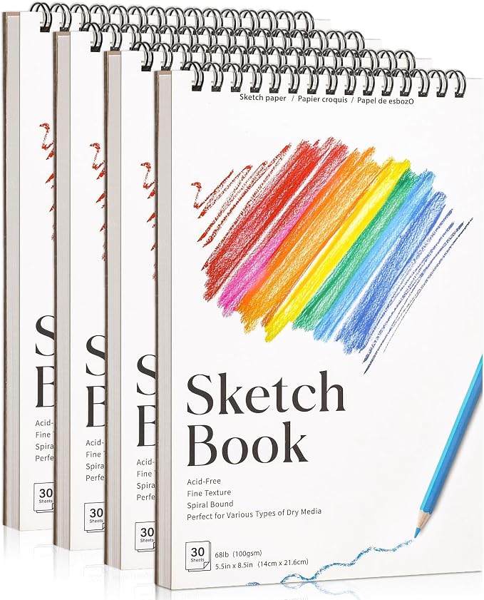 4 Pack Small Sketch Books for Kids, 5.5 × 8.5 in Spiral Bound, 100gsm Paper | Acid-Free 68lb Paper, Spiral Design, for Pencils Charcoal & Crayons, Ideal for Travel Sketching& Back To School Gifts