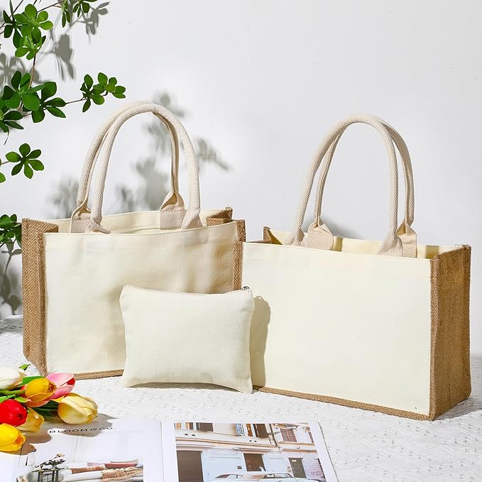 Sweetude 4 Set Jute Burlap Tote Bag with Canvas Makeup Pouch Reusable DIY Craft Blank Gift Bags for Wedding Bridesmaid(Simple,Beige)