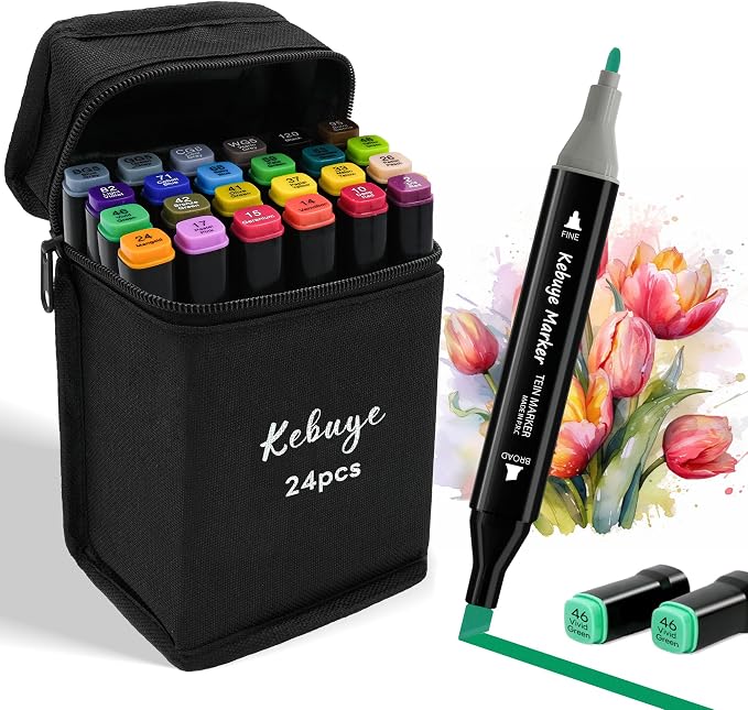 Alcohol Markers Set 24 Colors - Drawing Marker Dual Tips for Adult Coloring | Coloring Books No Bleeding Dual Tip Art Marker - Art Market Set for School Sketching Coloring Alcohol Based Markers with Base