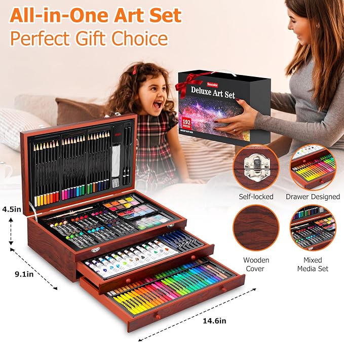 Soucolor Art Supplies,192 Pack Deluxe Art Set Drawing Painting Supplies Kit | Acrylic Pad, Watercolor Pad, Sketch Book, Canvases, Acrylic Paint, Crayons, Pencils, Gifts for Artist Adults Teen Kids