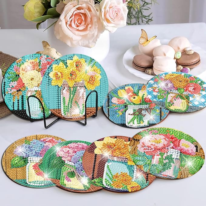 mrpwnle Diamond Art Coasters Kits, 8Pcs Flowers Diamond Painting Coasters