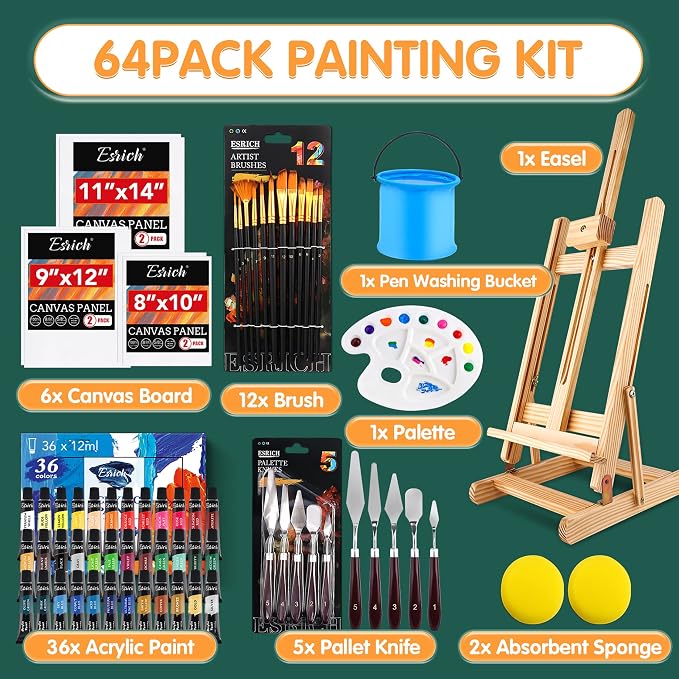 ESRICH Acrylic Paint Set, 64PCS Painting Supplies with Wood Easel | 12 Paint Brushes, 36 Paints, Canvas, Palette, Paints Knives, Painting Kit for Adults, Beginners