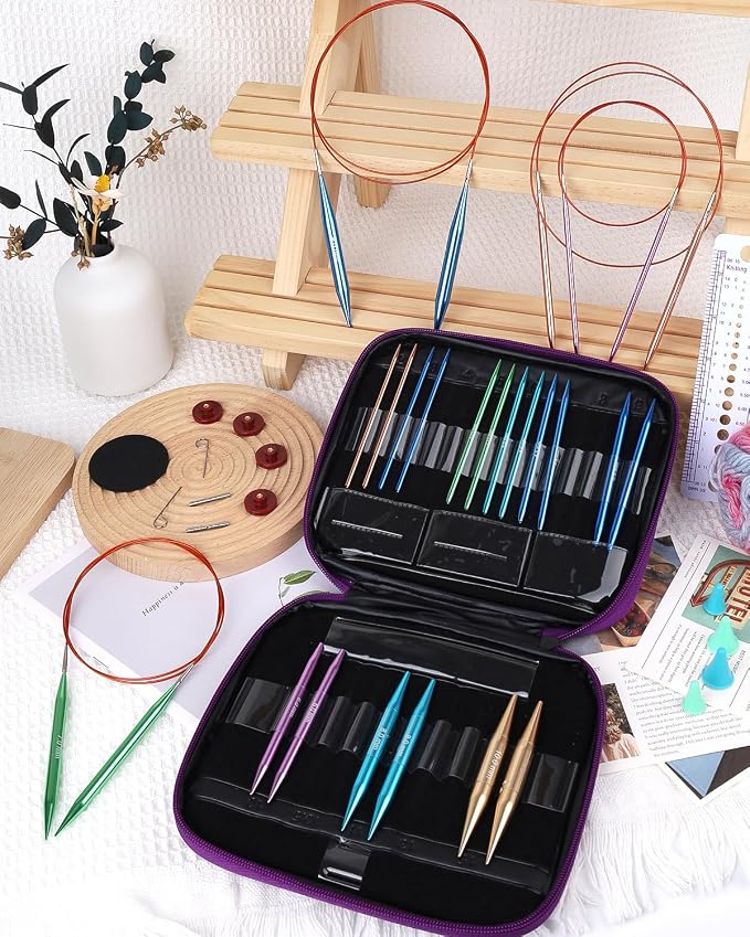 Aeelike 13 Pair Interchangeable Circular Knitting Needles 3-10 mm, Purple | Aluminum Interchangeable Knitting Needles with 4 Cables, Smooth Complete Needles Set for Socks Blankets Sweaters, Ideal Gift