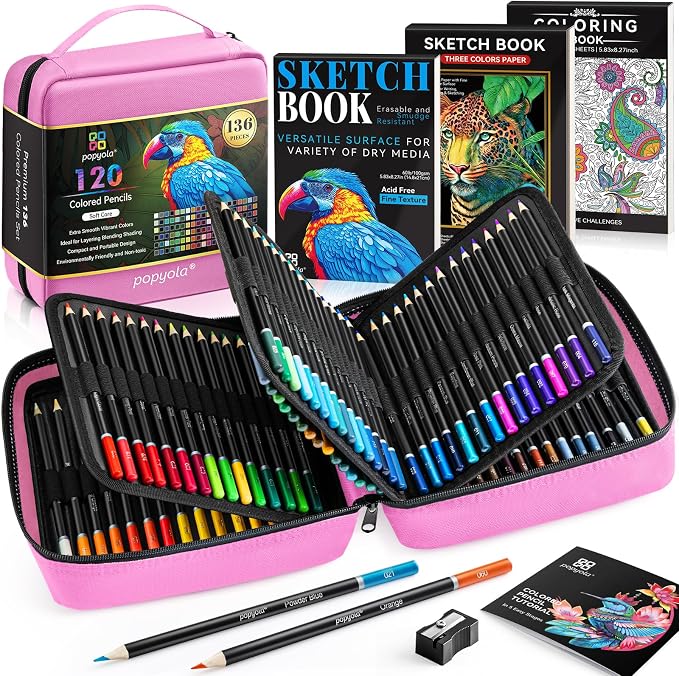 136 PCS Colored Pencils Set for Adult Coloring Books, 120 Colored Pencils | with Sketchbook, Coloring Book, Sharpener, Tutorial, Color Chart, Soft Core Oil-Based, Ideal for Drawing Blending Shading