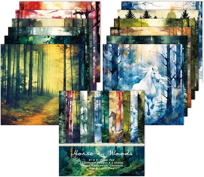 Forest Aesthetics Scrapbooking Paper Pad - 24 Sheets 6'' x 6'' Horse Patterns Designed Cardstock for Junk Journals Decoupage Diary Supplies DIY Crafts Gift Folded Wrapping Material