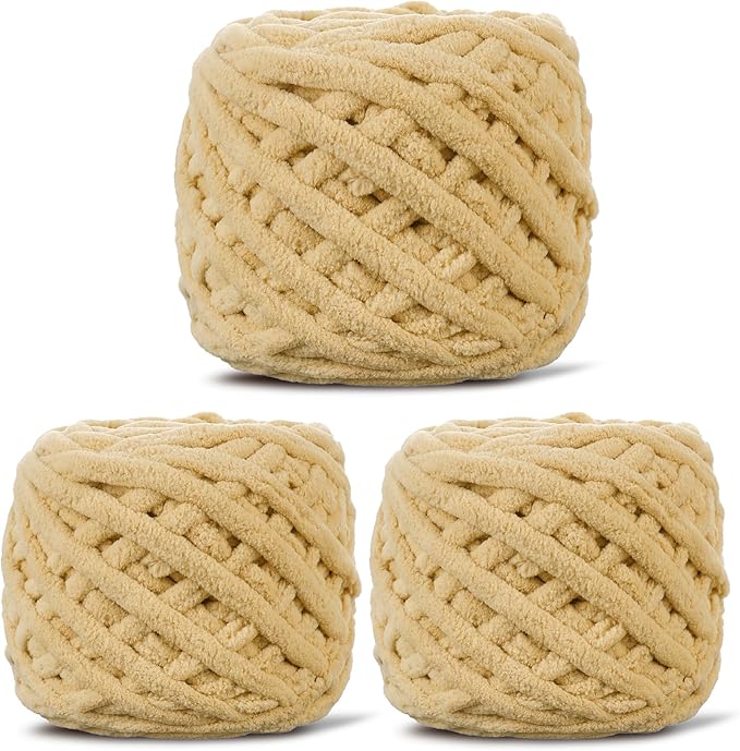 3 Pack Plush Chenille Chunky Yarn for Crocheting 100g(54.6yd) - Bulky Thick Fluffy Yarn for Knitting- Soft Velvet for Baby, Blanket Knitting Blanket Yarns- Amigurumi Yarns (3-Khaki)