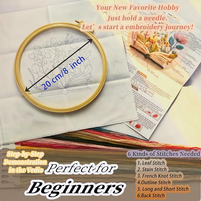 FONNUY Embroidery Kit for Beginners, Flower Book Pre-Stamped Pattern Kits for Adults with Hoop, Cross Stitch Easy to Follow Color Thread Needlework, 8'' Hoop (Green)